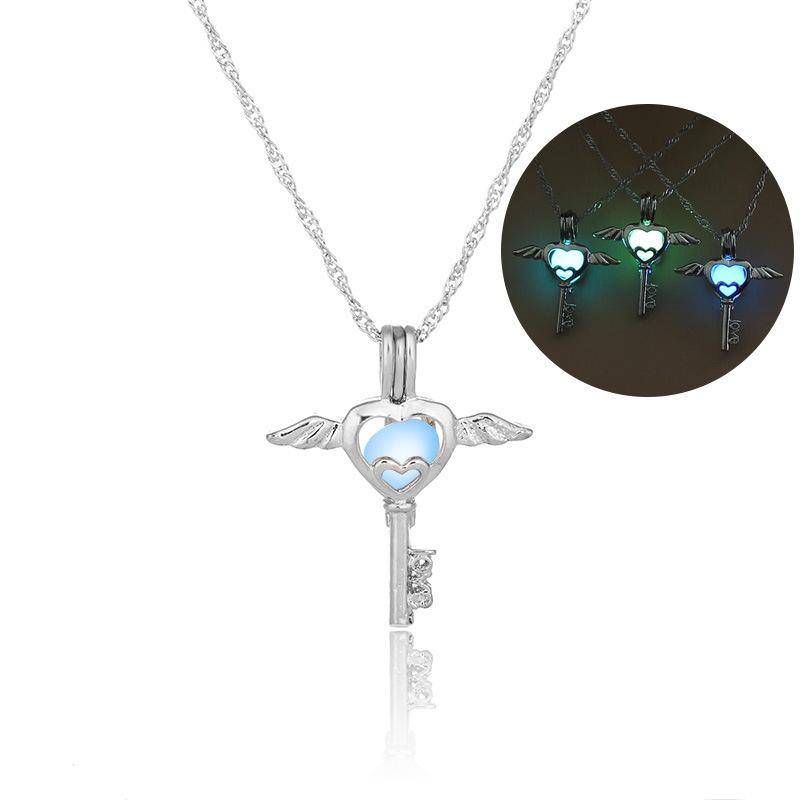 Fashion Hollow Angel Key  Silver Pendant Luminous Necklace (18")