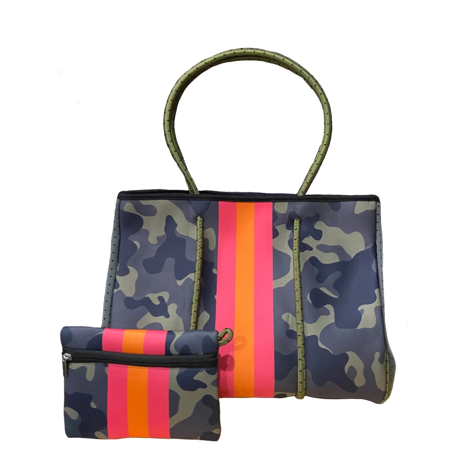  Crafters Cup Camo Neoprene Tote  Beach Tote, Gym Bag Matching  Wallet Included Green with Pink & Orange Stripes, Dark Green, Light Green,  Dark Pink, Light Pink, Black, Bight Pink, Gray