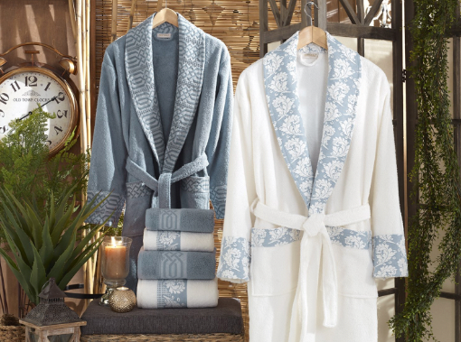 SIX PIECE COTTON BLUE AND WHITE BATHROBE SET – Noble Home Gifts