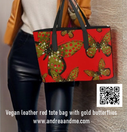 Vegan Leather Red Tote Bag with Gold Butterflies from Andrea and Me and me Too. Shop at https://www.paypal.com/instantcommerce/checkout/6FKZ4Z9B35CGS