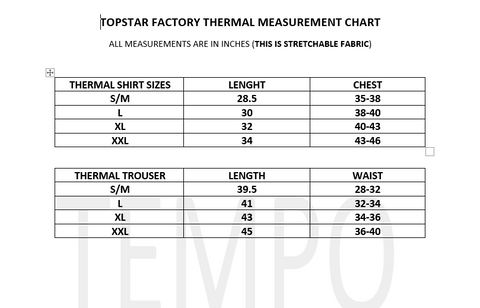 Tempo Thermal Size Chart