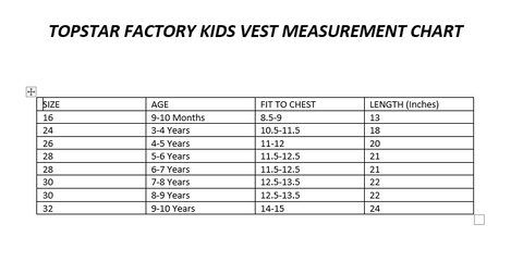 Tempo Kids Vest Size Chart