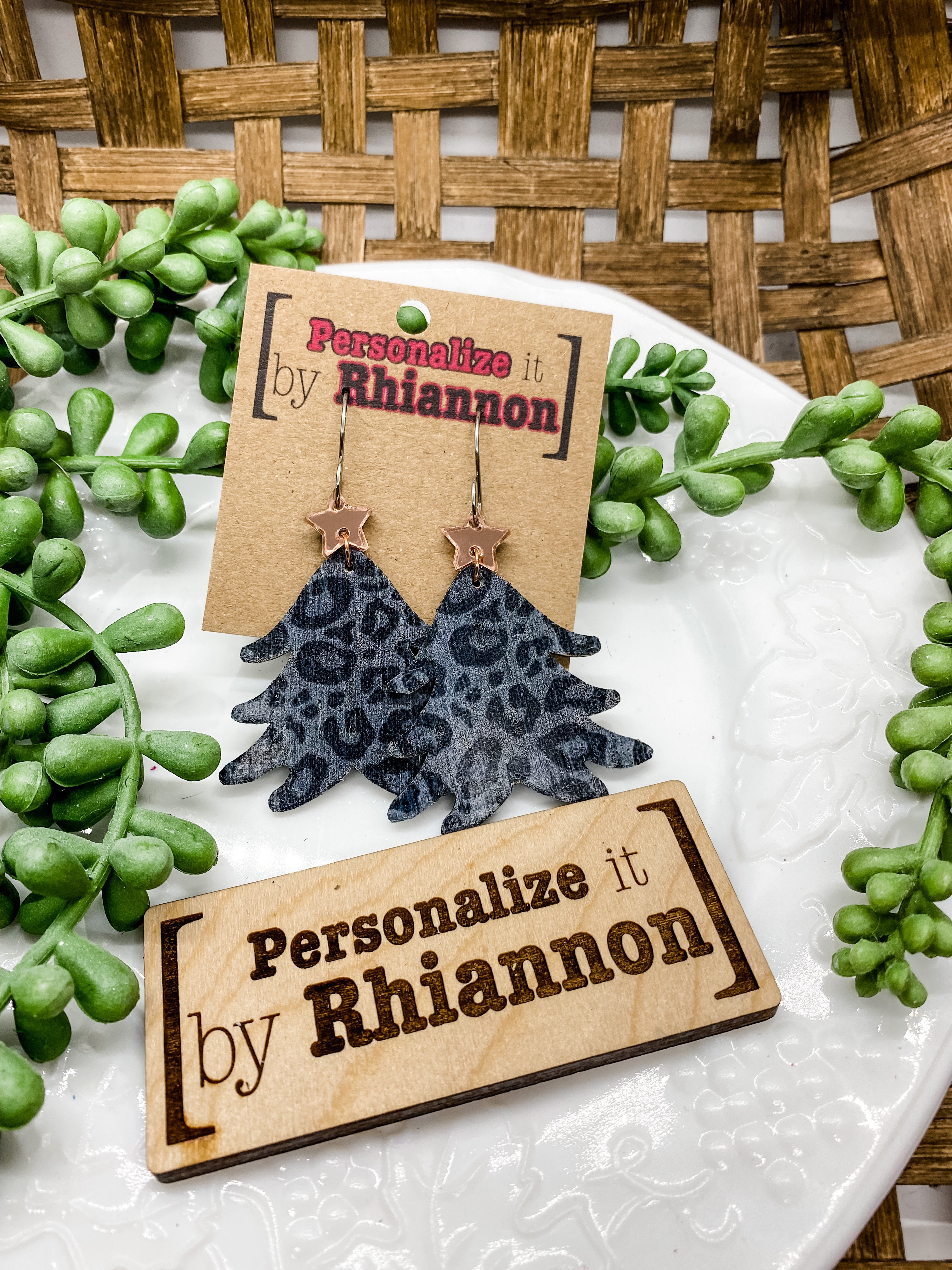 Black cheetah Christmas tree earrings
