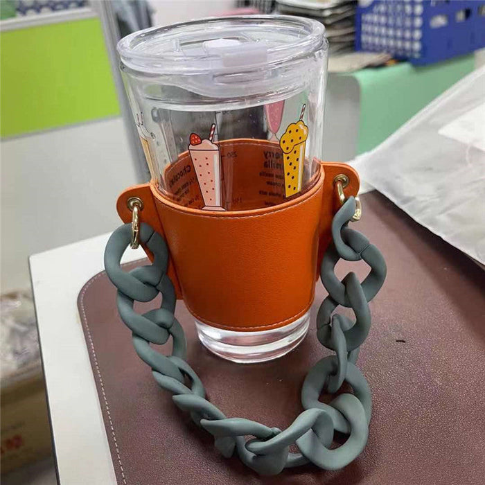 Wholesale PU Leather Coffee Cup Detachable Chain Cup Holder JDC-CUP-YouZ001 Cup Holder 悠智 Orange green chain Wholesale Jewelry JoyasDeChina Joyas De China