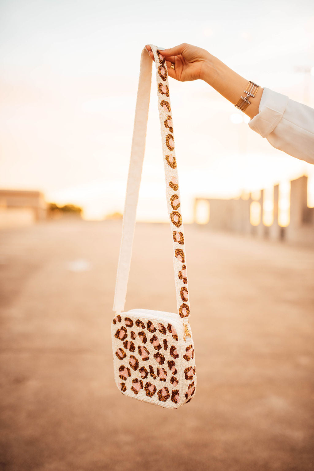 Cream Gold Cheetah Beaded Bag Strap