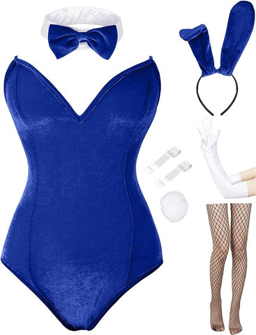 Angelaicos Womens Bunny Costume Set Senpai Cosplay Halloween Roleplay Bodysuit Stockings