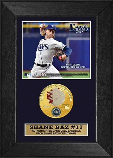  Rays Shane Baz Authentic Debut Game-Used Baseball Piece 5x7 Display
