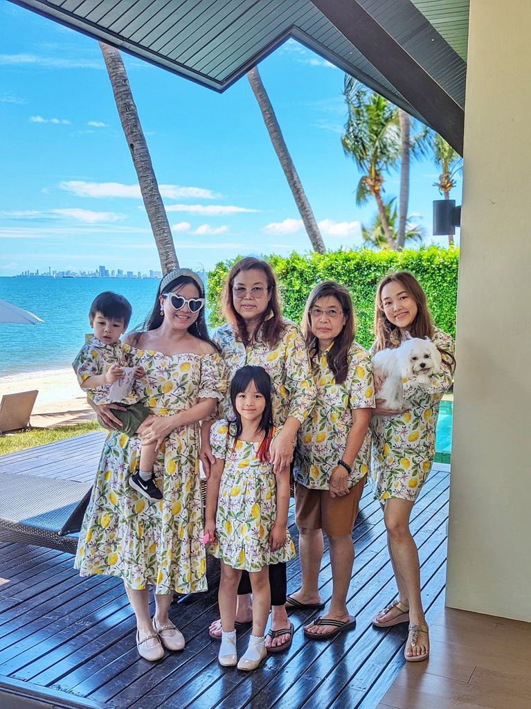 Nina with her family wearing matching Mome outfits in Lemon prints