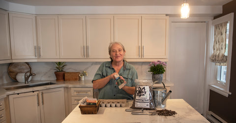 Happy woman planting seeds in egg cartons on a kitchen counter