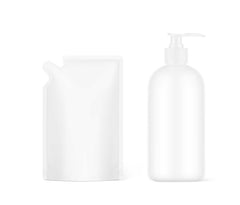 picture of a white plastic bottle next to a white plastic refill pouch