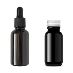 photo of 2 black glass vials, one has a plastic lid, the other has aluminum lid
