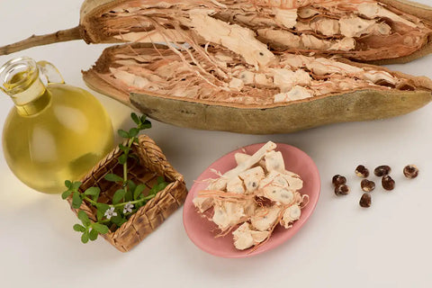 stock image of baobab fruit, seeds, and oil