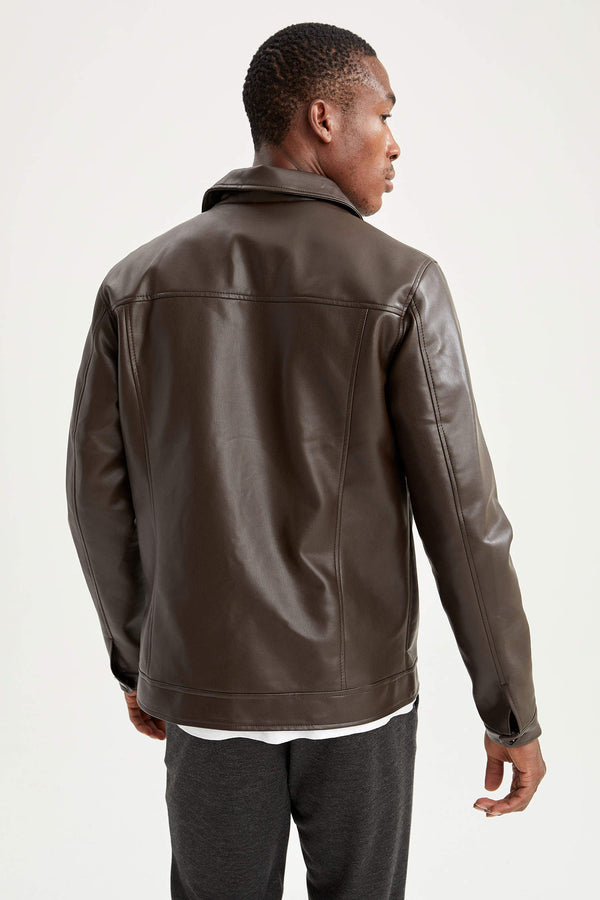 Slim Fit Faux Leather Biker Jacket - Brown
