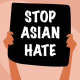 Peach and tan background with brown arms holding up a black sign with white letters that says Stop Asian Hate