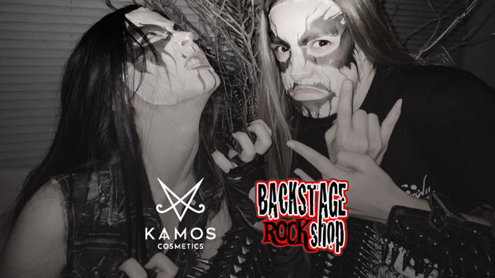 Two girls with corpse paint and logos of Kaamos Cosmetics and Backstage Rock Shop