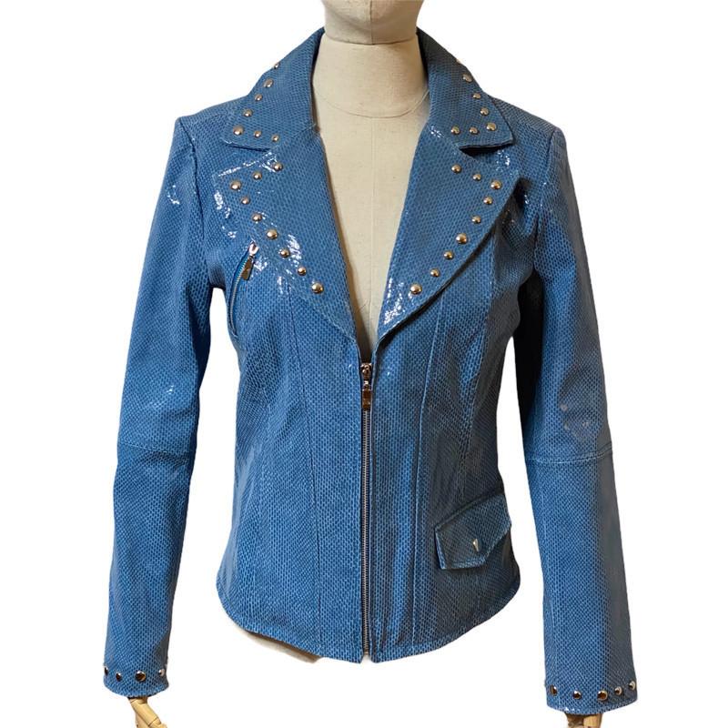 Pamela McCoy Womens Leather Blue Snakeskin Jeweled Zip Up Jacket | eBay