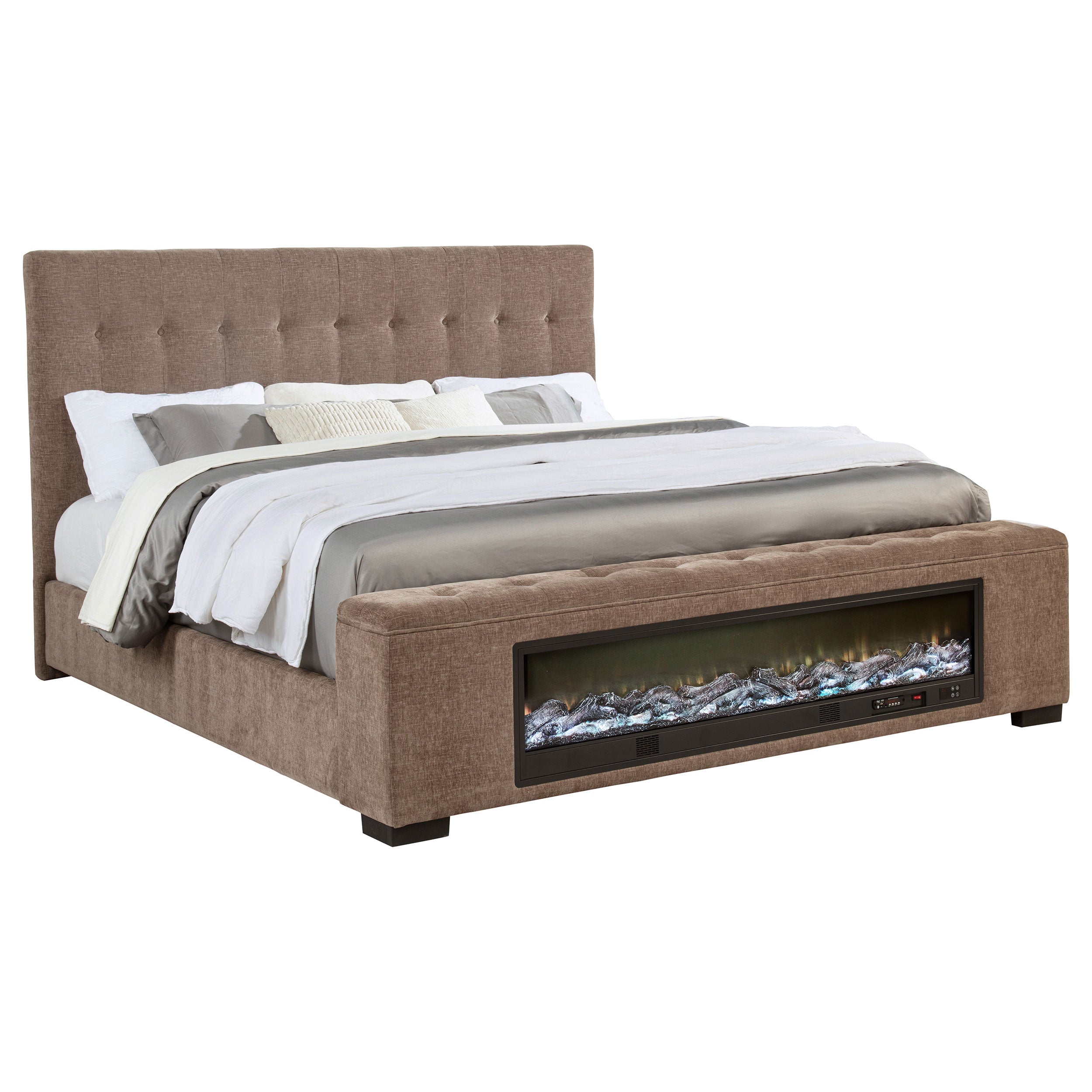 Brown Upholstered California King Bed with Senna Audio Flame Visualizer