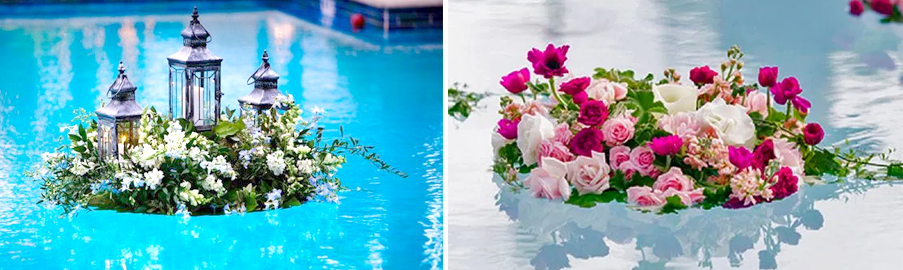 Centros de flores y velas flotantes para piscinas