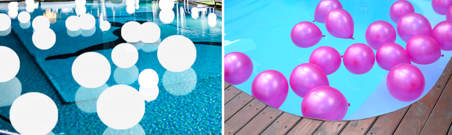 Decorar la piscina para una fiesta, globos en la piscina, bolas metacrilato flotantes.