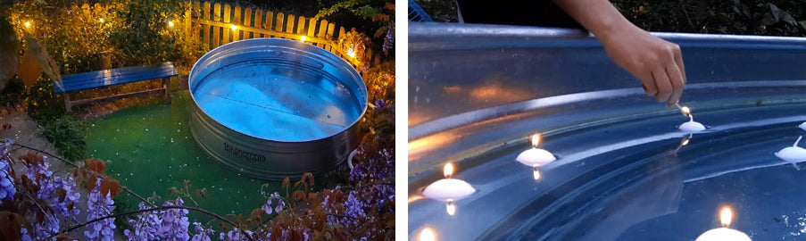 Iluminación de exterior, luces para el jardín. Iluminar la piscina de noche, velas flotantes.