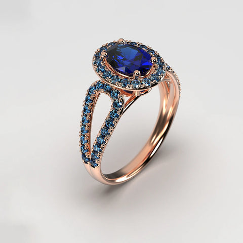 Blue colored oval halo rose gold women's engagement ring to select as pre-wedding surprise gift.