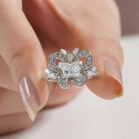 2.00 carat unique lab-grown diamond butterfly cut halo ring made with expert and skilled craftsmanship that looks beautiful on the finger.
