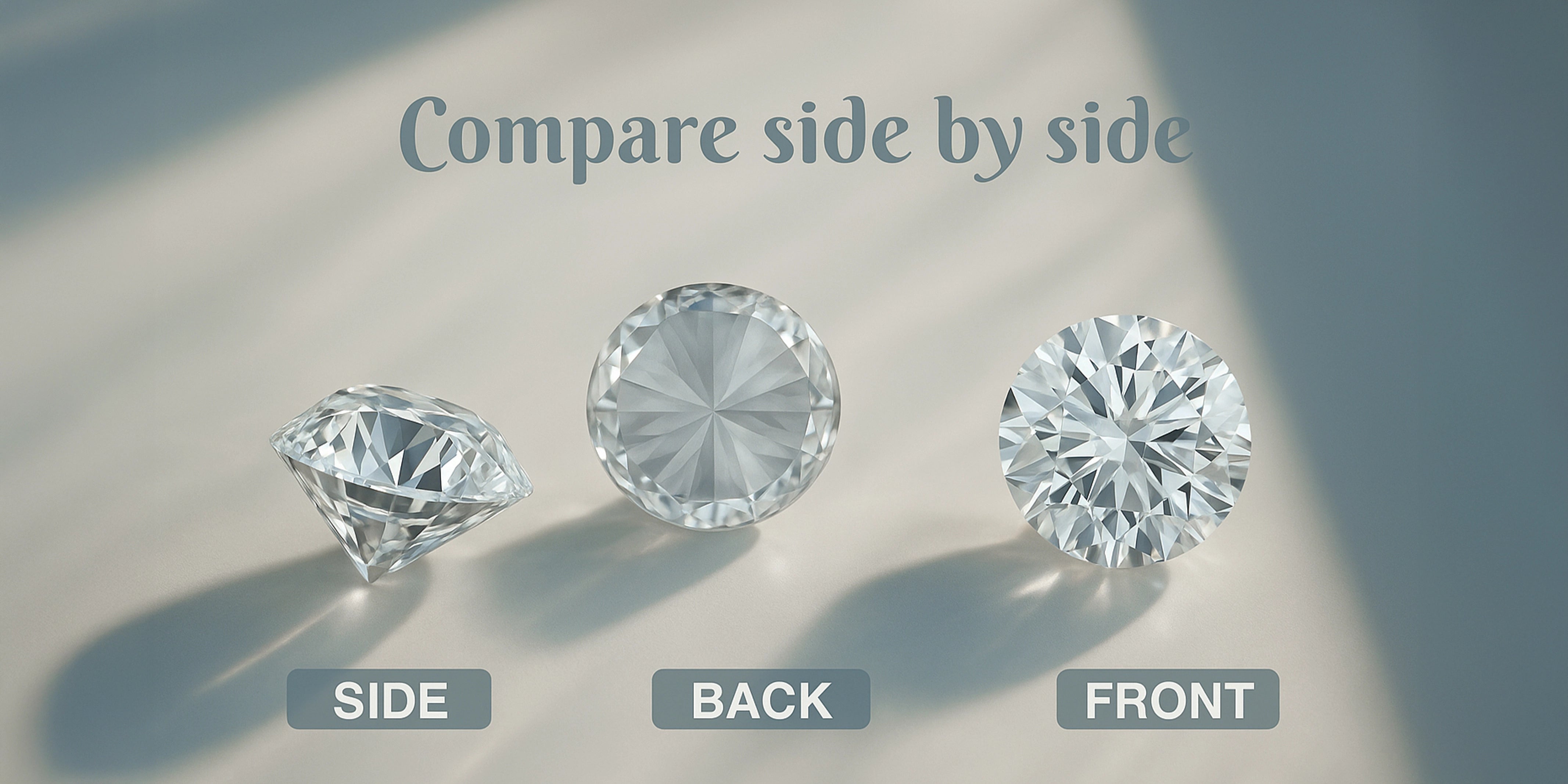 Image showing a diamond from three angles: side, back, and front, comparing it side by side