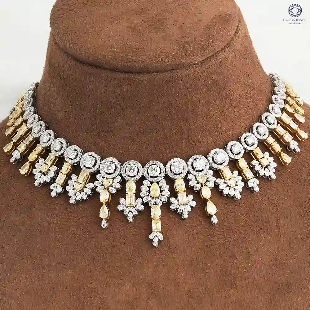 Bridal fancy colored diamond jewelry necklace set in 16.00 inches with yellow and white gold prong settings