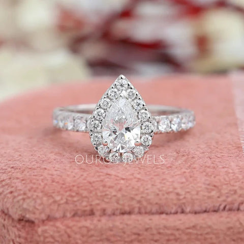 [   Pear Cut Halo Solitaire Accent Engagement Ring]-[ouros jewels]