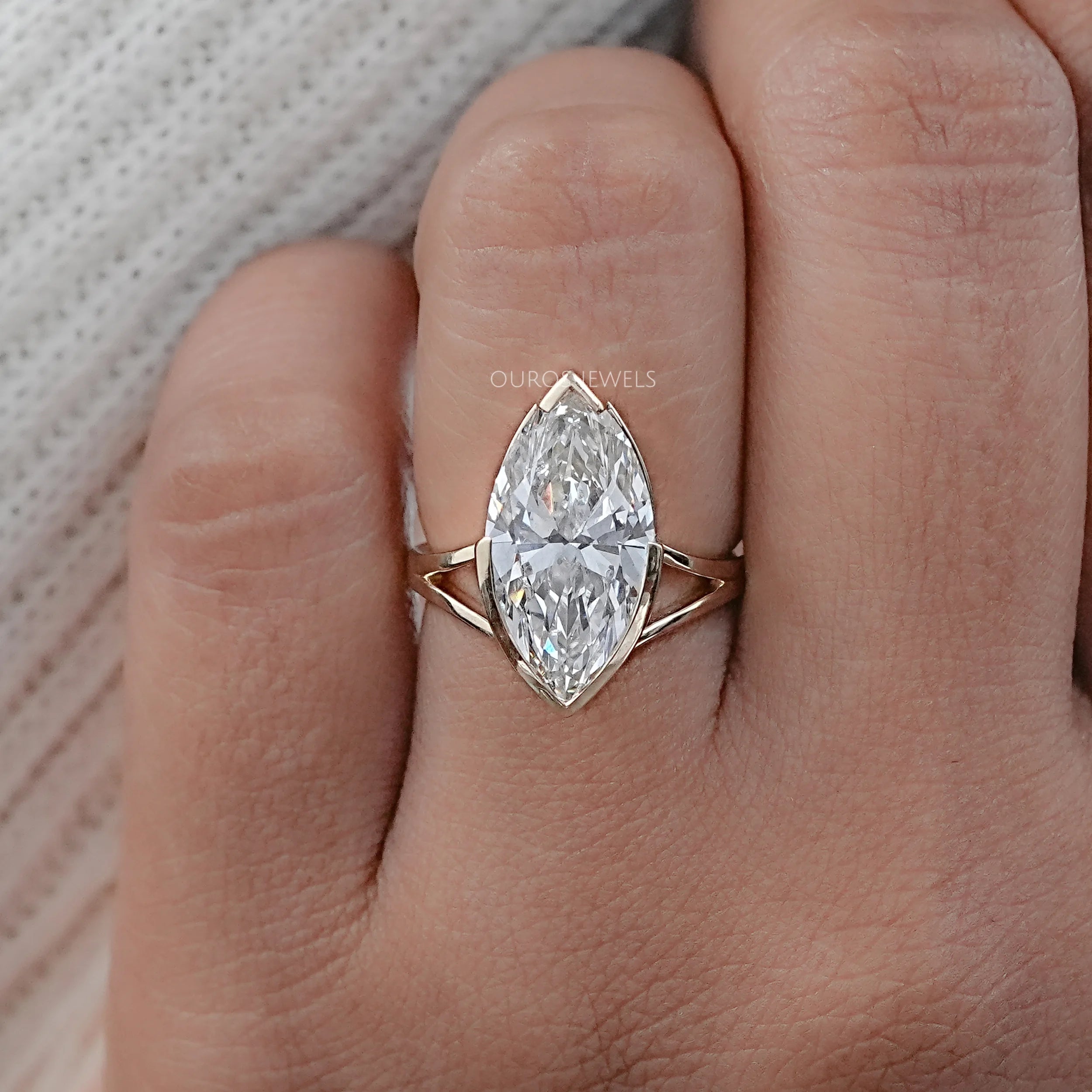 Marquise Lab Diamond Half Bezel Set Split Shank Ring