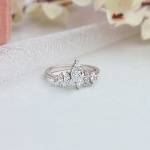 Marquise cut diamond engagement ring with a five stone desing in white gold