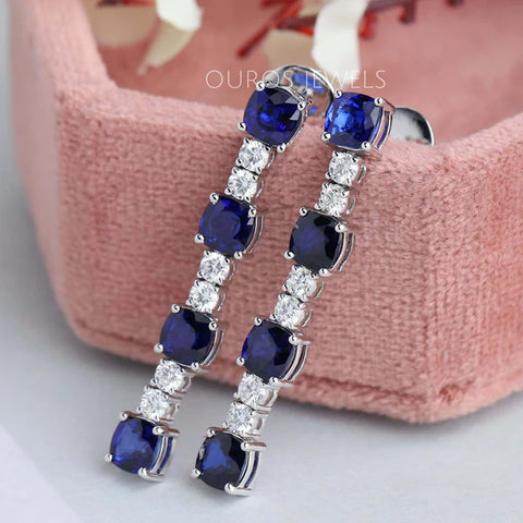 [Mother's Day Gift Of Blue Sapphire drop earring In White Gold Metal Tone]-[ouros jewels]