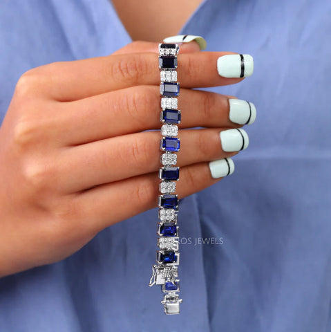 [7 inch length tennis bracelet for her with a 30.00 carat weighted natural sapphire gemstones and 10.00 carat weighted round cut lab-grown diamonds]-[ouros jewels]