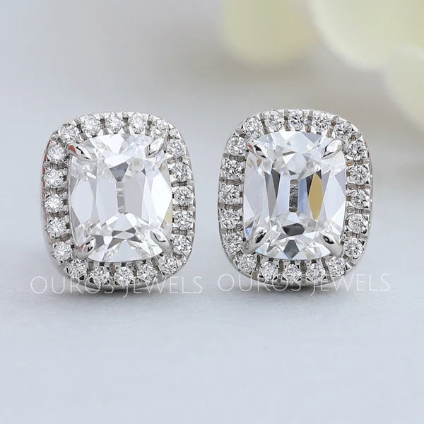 [Old Mine Cushion Cut Halo Stud Earring made with Solid Gold At Ouros Jewels. Get unique design diamond stud gold earrings for women]-[ouros jewels]