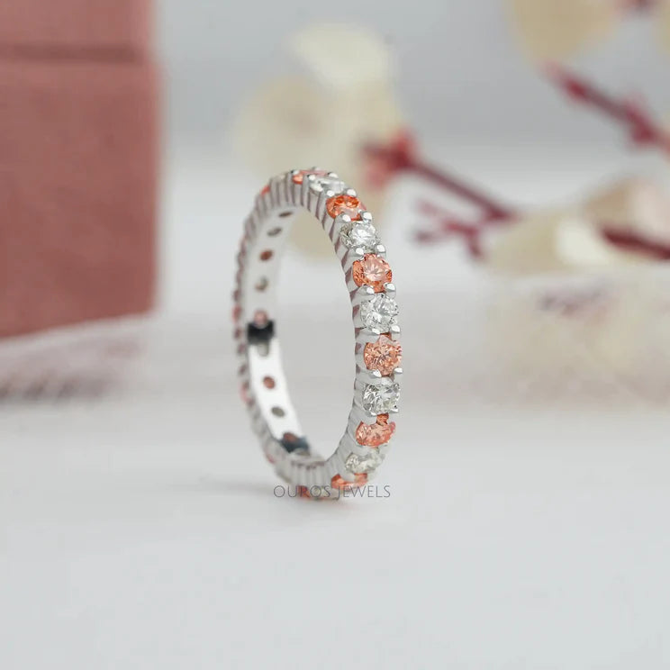 [Wedding eternity band in white gold with orange colored lab-grown diamonds in brilliant cut]-[ouros jewels]