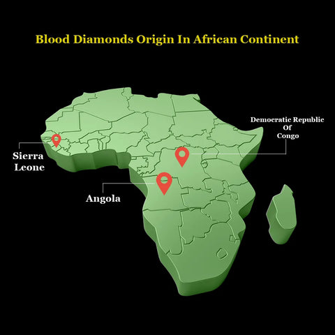 The map of origination of blood diamonds is usually found in the African continents, such as the Democratic Republic of Congo, Angola, and Sierra Leone.