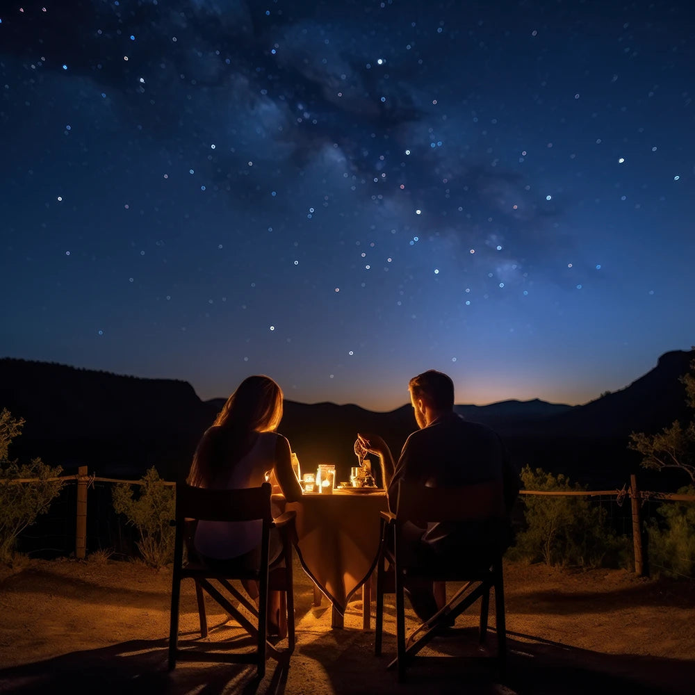 A couple sitting under the sky and stars where man propose to a woman for getting married with him