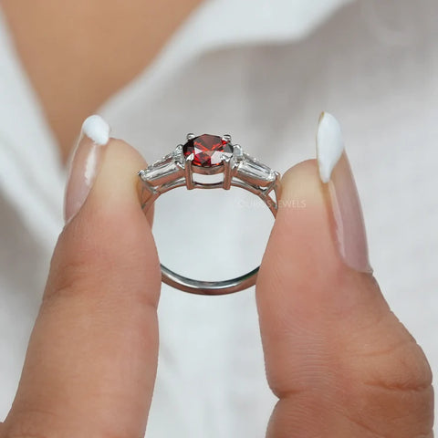 14KT white gold red colored lab-grown diamond three-stone unique engagement ring for women to present for a wedding proposal near the church or river to commit love.