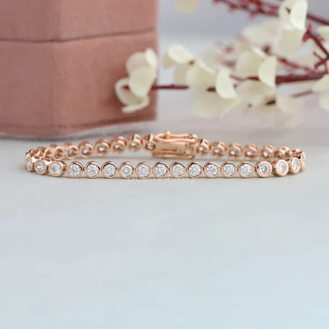 [Round brilliant cut diamond rose gold bezel set tennis bracelet for her]-[ouros jewels]