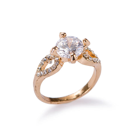 Round cut diamond rose gold engagement cathedral setting ring for women.