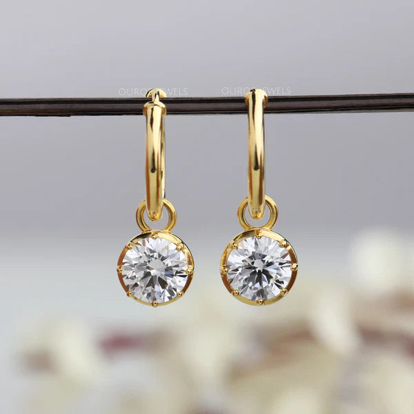 [These stunning round diamond drop dangle earrings are the perfect accessory for any special occasion. Made with lab grown brilliant cut diamond in VVS clarity.]-[ouros jewels]