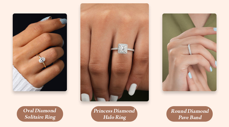 Showing a Lab diamond ring with Solitaire, Halo, and Pave setting.