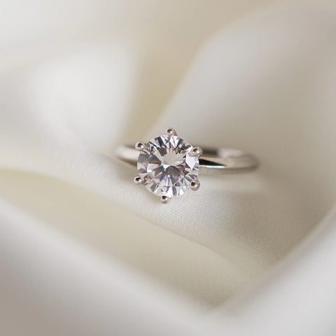 Captivating round-cut diamond solitaire ring for women held securely by classic prong settings, a symbol of timeless elegance and gorgeous appearance.
