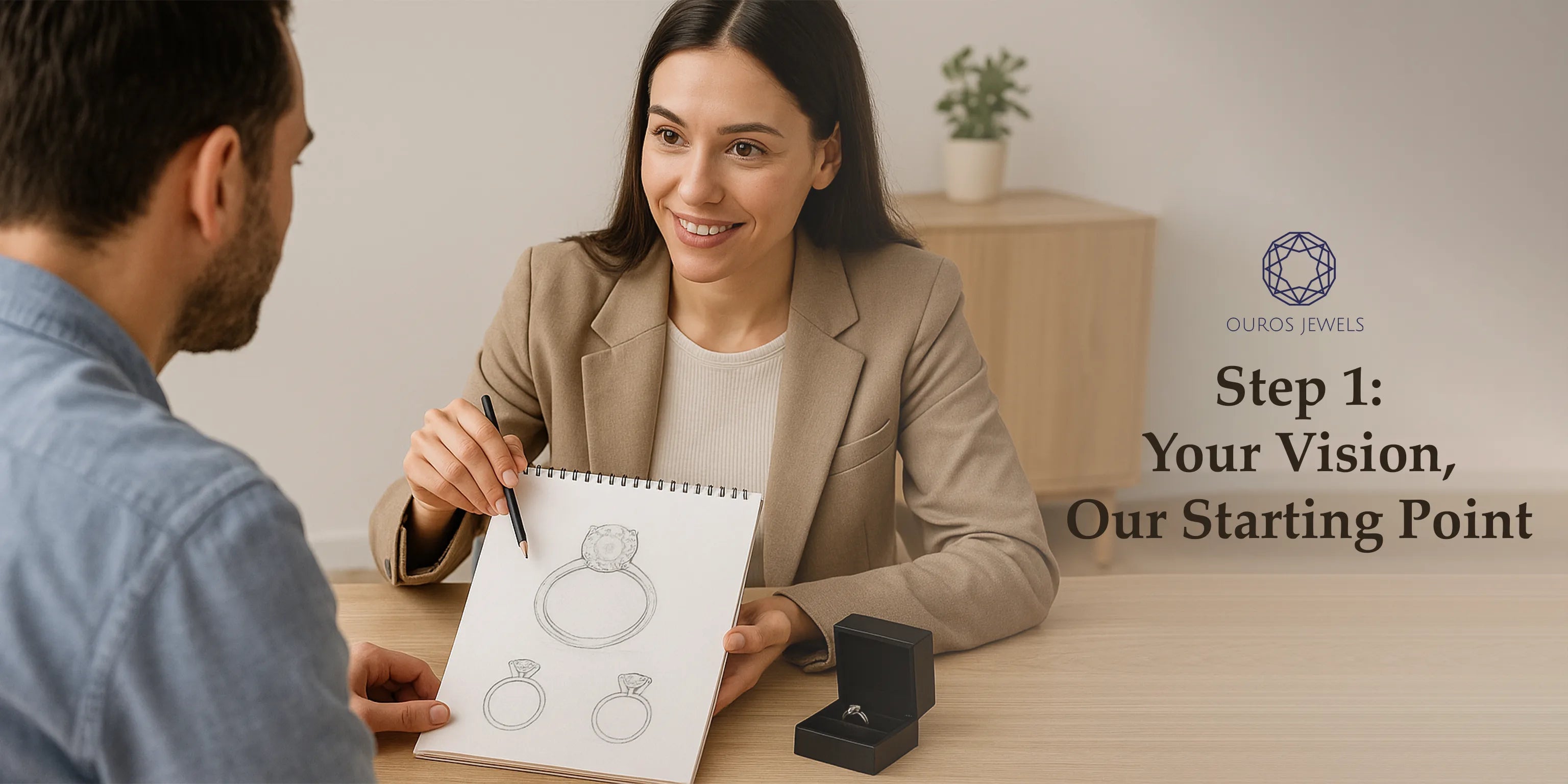 Ouros Jewels design expert collaborating with a client to create a custom anniversary solitaire ring