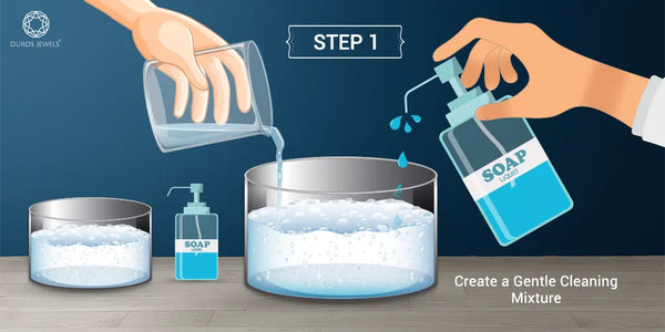 [Step 1: Create a Gentle Cleaning Mixture - Illustration of hands pouring water and liquid soap into a container to make a soapy cleaning solution, with other cleaning tools nearby]-[ouros jewels]