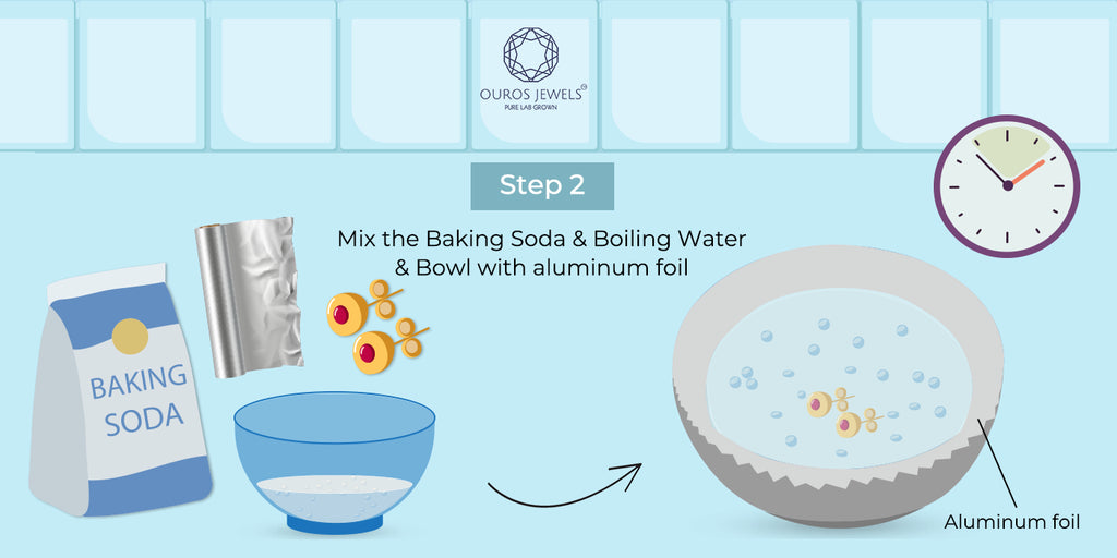 [Step 2 of cleaning stud earrings: Add a few drops of soap to a bowl of warm water for soaking earrings, ensuring a aluminum foil without damage]-[ouros jewels]