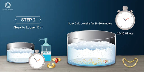 [Step 2: Soak to Loosen Dirt -jewelry soaking in a container of soapy water for 20-30 minutes to loosen dirt, with a clock showing the recommended soaking time.]-[ouros jewels]