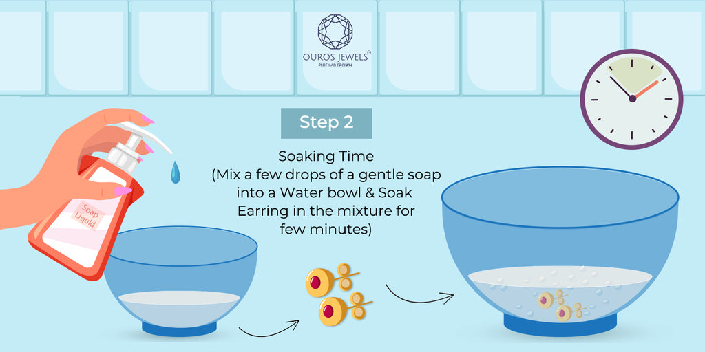 [Step 2 of cleaning stud earrings: Add a few drops of soap to a bowl of warm water for soaking earrings, ensuring a gentle cleanse without damage]-[ouros jewels]