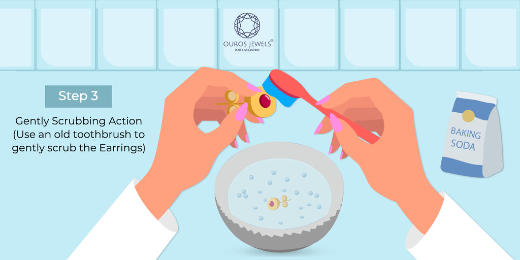 [Step 3 in earring care involves gently scrubbing with a toothbrush after soaking, ensuring your jewelry is thoroughly but carefully cleaned]-[ouros jewels]