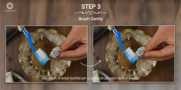 [Step 3 for cleaning diamond jewelry Brush gently. Image shows using a soft-bristled toothbrush to gently brush each item of jewelry.]-[ouros jewels]